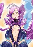  1girl :p ahoge genderswap kneeling league_of_legends monster_girl nam_(valckiry) navel personification pink_hair scorpion_tail short_hair skarner sketch stinger thighhighs tongue tongue_out yellow_eyes 
