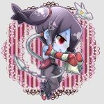  1girl bare_shoulders blue_skin chibi detached_sleeves hair_over_one_eye leviathan_(skullgirls) long_skirt red_eyes rin10 side_ponytail sienna_contiello skirt skullgirls smile solo stitched_mouth striped zombie 