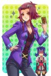  1boy 1girl belt breasts brown_eyes card cleavage cosplay costume_switch elbow_gloves female fingerless_gloves gloves hand_on_hip holding holding_card izayoi_aki jewelry kamishiro_ryoga long_hair looking_at_viewer male necklace open_clothes open_jacket polka_dot polka_dot_background purple_hair raijin-bh redhead ring skirt solo_focus sparkle thigh-highs yuu-gi-ou yuu-gi-ou_5d&#039;s yuu-gi-ou_zexal 