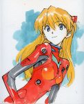  1girl blue_eyes hair_ornament long_hair neon_genesis_evangelion orange_hair plugsuit sadamoto_yoshiyuki smile solo souryuu_asuka_langley 