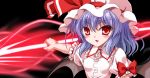  1girl aura bat_wings black_background blouse blue_hair hat polearm red_eyes remilia_scarlet short_hair simple_background smile solo spear spear_the_gungnir touhou weapon wings 