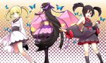 3girls bare_shoulders black_hair blonde_hair boots butterfly detached_sleeves furisode_girl_(pokemon) furisode_girl_karen furisode_girl_kirika hair_ornament hirako mache_(pokemon) multiple_girls pantyhose poke_ball pokemon pokemon_(game) pokemon_xy red_eyes short_twintails skirt twintails violet_eyes yellow_eyes 