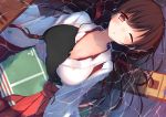  1girl akagi_(kantai_collection) armor brown_hair damaged japanese_clothes kantai_collection long_hair lying muneate netarou open_mouth partially_submerged personification red_eyes solo torn_clothes water wink 
