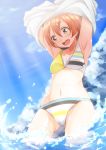  1girl armpits arms_up bikini blue_sky brown_hair hoshizora_rin love_live!_school_idol_project ocean open_mouth sakuma_shiiya short_hair sky smile solo striped striped_bikini striped_swimsuit summer swimsuit water yellow_eyes 