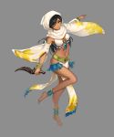  1girl anklet bangle barefoot belt bikini_top black_hair bracelet breasts dagger dancer dark_skin detached_sleeves gem grey_background highres hood jewelry loincloth long_hair midriff navel nilphy original outstretched_arms reverse_grip smile solo weapon wide_sleeves yellow_eyes 