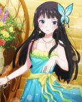  1girl artist_request black_hair blue_eyes blush bracelet butterfly butterfly_hair_ornament earrings flower formal hair_ornament heart idolmaster idolmaster_million_live! jewelry long_hair looking_at_viewer mogami_shizuka necklace official_art smile solo stairs 