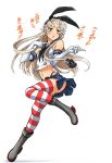  1girl anchor black_panties blush boots elbow_gloves gloves grey_eyes hair_ornament hairband highleg highleg_panties imizu_(nitro_unknown) kantai_collection long_hair midriff miniskirt navel panties platinum_blonde red_legwear shimakaze_(kantai_collection) skirt small_breasts socks solo striped striped_legwear thighhighs translation_request underwear white_gloves 