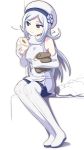  1girl aila_jyrkiainen bag bare_shoulders blue_eyes blush boots caryo dress eating elbow_gloves food gloves gundam gundam_build_fighters hat long_hair looking_away motion_lines nanashino nikuman pantyhose paper_bag shadow silver_hair simple_background sitting solo thigh_boots thighhighs white_background white_gloves 