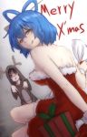  2girls :q animal_costume bare_shoulders blue_eyes blue_hair breasts dress gift hair_ornament hair_rings hair_stick highres kaku_seiga merry_christmas miyako_yoshika multiple_girls ofuda reindeer_costume sack santa_costume short_hair terimayo tongue touhou 