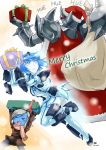  beard blue_eyes blue_hair blue_skin boots christmas english facial_hair genderswap gift highres league_of_legends mordekaiser nam_(valckiry) personification scarf short_hair surprised tristana white_hair xerath 