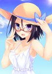  1girl :d black_hair blouse blue_eyes blue_sky breasts bust cleavage glasses hat heterochromia highres nishi_minami open_mouth sky smile straw_hat suterii 