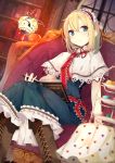  1girl alice_margatroid ascot blonde_hair blue_eyes book bookshelf boots capelet cross-laced_footwear dress hairband highres lace-up_boots lamp nmaaaaa short_hair sitting solo touhou 