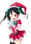  1girl \m/ belt black_hair blush bow christmas double_\m/ dress hair_bow hat looking_at_viewer love_live!_school_idol_project nico_nico_nii open_mouth red_eyes santa_costume santa_hat satou_kuuki short_hair smile solo thighhighs twintails wink yazawa_nico 