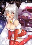  1girl :d animal_ears arm_support bell blush breasts breath cat_ears chimney christmas cleavage detached_sleeves fang fur_trim hair_between_eyes hat hitoshi_(pixiv3340857) large_breasts leaning_forward midriff miniskirt open_mouth original red_eyes red_legwear santa_hat silver_hair sitting skirt smile snake_tail snow snowing solo thighhighs wariza 