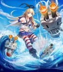  &gt;_&lt; 1girl :3 anchor black_panties blonde_hair elbow_gloves flat_chest gloves hairband highres kantai_collection long_hair panties personification rensouhou-chan sailor_collar shimakaze_(kantai_collection) signature skirt sky striped striped_legwear thighhighs un_s underwear water white_gloves 