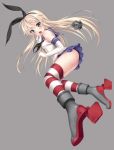  1girl anchor black_eyes blonde_hair blush boots elbow_gloves gloves grey_background hairband highres kantai_collection long_hair nanamiya open_mouth personification shimakaze_(kantai_collection) simple_background skirt solo striped striped_legwear thighhighs white_gloves 
