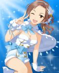  1girl blue_background bow breasts brown_eyes brown_hair capelet cleavage earrings fur fur_collar fur_trim hair_ornament idolmaster idolmaster_cinderella_girls jewelry jpeg_artifacts kawashima_mizuki looking_at_viewer low_ponytail official_art ponytail sleeveless smile solo sparkle wink winter_clothes 