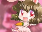  1girl animal_ears barefoot brown_hair carrying chibi inaba_tewi jewelry looking_at_viewer mizuki_hitoshi necklace open_mouth outstretched_arms rabbit_ears red_eyes smile solo touhou 