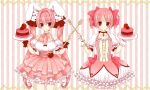  2girls animal_ears bow bubble_skirt choker color_connection crossover di_gi_charat food fork frills fruit gloves hair_bow hair_intakes hair_ornament hairpin kaname_madoka long_hair macaroon magical_girl mahou_shoujo_madoka_magica mari_(fool_lovers) multiple_girls pink pink_eyes pink_hair plate rabbit_ears raspberry ribbon_choker short_hair short_twintails skirt smile striped striped_background symmetry twintails usada_hikaru 