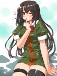  1girl black_hair bow chikuma_(kantai_collection) dd_(ijigendd) dress green_dress grey_eyes hear kantai_collection long_hair smile solo translation_request wink 