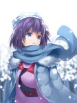  1girl blue_eyes heirou highres jacket monogatari_(series) purple_hair scarf school_uniform senjougahara_hitagi short_hair solo 