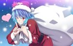  1girl blue_hair blush hat heart highres red_eyes sack santa_costume santa_hat solo touhou wink yasaka_kanako 