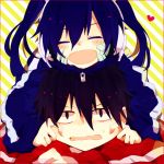  1boy 1girl black_hair blue_hair blush cheek_pull closed_eyes ene_(kagerou_project) headphones heart kagerou_project kisaragi_shintarou long_hair motineko on_person short_hair smile striped striped_background sweatdrop track_jacket twintails 