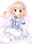  1girl :d blonde_hair blue_eyes breasts cleavage detached_collar dress food fruit hairband highres kimishima_ao lolita_hairband open_mouth plate short_hair smile strawberry strawberry_shortcake thighhighs watch white_legwear 