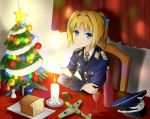  1girl :3 alcohol bf_109 blonde_hair blue_eyes blush bow bread candle christmas christmas_tree cigarette cigarette_box cup curtains epaulettes food gift hair_bow hat indoors iron_cross long_hair military military_uniform model necktie original phanc plate ponytail smile solo star uniform wine wine_glass world_war_ii 