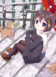  1girl black_hair blue_eyes dog gloves ikeda_yuuki kantai_collection pantyhose scarf snow solo 