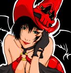  1girl black_hair blue_eyes breasts bust choker cleavage detached_sleeves fingerless_gloves gloves guilty_gear hat i-no lipstick looking_at_viewer makeup mini_wings mole nail_polish nyanta_(rinngo18) short_hair smile solo witch_hat 