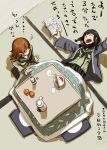  &gt;_&lt; 2girls abe_yoshitoshi arms_up bangs black_hair blunt_bangs book braid brown_hair closed_eyes food fruit happi kantai_collection kitakami_(kantai_collection) kotatsu long_hair multiple_girls ooi_(kantai_collection) open_mouth orange personification school_uniform serafuku skirt table tears translation_request 