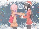  !? 2girls akemi_homura alternate_hairstyle bag black_hair blush christmas coat earrings gift hat highres jewelry kaname_madoka long_hair mahou_shoujo_madoka_magica merry_christmas multiple_girls pink_hair santa_costume santa_hat short_hair snowflakes sweater violet_eyes yuka_(mikuxluka) 