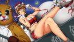  1girl animal_costume blown_kiss bol_(liliymimi) breasts brown_hair cleavage crescent_moon crossed_legs_(sitting) gloves hat headgear heart kantai_collection large_breasts midriff moon mutsu_(kantai_collection) reindeer_costume sack santa_costume santa_hat short_hair skirt solo white_gloves wink yellow_eyes 