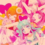  3girls blue_eyes blue_hair bow bra brown_hair closed_eyes copyright_name flower hair_bow hair_flower hair_ornament hanasaki_tsubomi heartcatch_precure! highres kurumi_erika lingerie long_hair multiple_girls myoudouin_itsuki pink_eyes pink_hair precure see-through short_hair underwear upside-down yuucho_(cololal) 