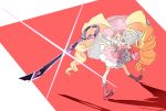  1girl blonde_hair boots bow closed_eyes drill_hair eyepatch gd._fengzi hair_bow harime_nui highres kill_la_kill knee_boots long_hair red_background scissor_blade sketch skirt smile solo spoilers twin_drills twintails umbrella 