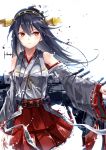  1girl bare_shoulders black_hair dawndusk detached_sleeves hairband haruna_(kantai_collection) highres japanese_clothes kantai_collection long_hair personification red_eyes ribbon-trimmed_sleeves short_hair solo 