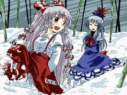  2girls ^_^ bamboo bamboo_forest blue_dress closed_eyes dress forest fujiwara_no_mokou hair_ribbon hands_in_pockets hat kamishirasawa_keine long_hair multiple_girls nature red_eyes ribbon santa_hat silver_hair snow suspenders touhou unya very_long_hair 