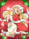  !! 2girls awa blonde_hair blue_eyes blush blush_stickers boots breasts brown_hair capelet christmas eureka_(pokemon) hat hug kneeling long_hair long_sleeves low-tied_long_hair multiple_girls pokemon pokemon_(anime) sack santa_costume santa_hat serena_(pokemon) short_hair side_ponytail tongue tongue_out wink 