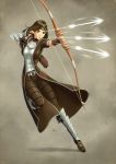  1girl arrow bow_(weapon) breasts brown_eyes brown_hair daniel_macgregor fingerless_gloves firing gloves greaves guild_wars headband long_coat pants solo vambraces weapon 