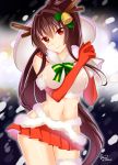  1girl antlers bare_shoulders blush breasts brown_hair cherry_blossoms christmas elbow_gloves flower gloves hair_flower hair_ornament kantai_collection long_hair looking_at_viewer midriff navel personification ponytail red_eyes sack skirt smile snow solo thighhighs udk very_long_hair yamato_(kantai_collection) 