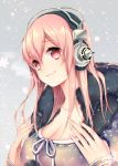  1girl breasts cleavage headphones hooded_jacket large_breasts looking_at_viewer mirunai nitroplus pink_eyes pink_hair smile solo super_sonico winter 