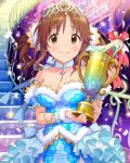  1girl bare_shoulders blue_dress breasts brown_eyes brown_hair cleavage confetti dress frills hair_ornament happy holding idolmaster idolmaster_cinderella_girls jewelry looking_at_viewer neck_ribbon official_art ribbon solo stage stairs star tiara totoki_airi trophy twintails 
