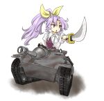  1girl blouse dutch_angle eyebrows foreshortening hair_ribbon lavender_hair looking_away military military_vehicle open_mouth ponytail red_eyes ribbon scabbard shadow sheath short_hair short_sleeves simple_background solo sword tanisino_hitugi tank touhou triangle_mouth vehicle watatsuki_no_yorihime weapon white_background 