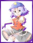  1girl blouse blue_hair border colored_shadow ellipsis_(mitei) fang fingernails grey_eyes hat highres looking_at_viewer miyako_yoshika ofuda open_mouth outstretched_arms ribbon short_hair simple_background skirt solo star touhou white_background zombie_pose 