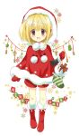  1girl blonde_hair christmas christmas_ornaments christmas_stocking christmas_tree hibiki hibiki_no_mahou izumi_rei merry_christmas red_eyes santa_costume side_ponytail snowflakes solo tagme 