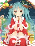  1girl :t aqua_eyes aqua_hair bell christmas christmas_lights gift hatsune_miku jimmy long_hair merry_christmas panties pantyshot pantyshot_(sitting) santa_costume sitting skirt solo star star-shaped_pupils symbol-shaped_pupils twintails underwear vocaloid 