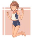  1girl barefoot blush brown_eyes brown_hair i-401_(kantai_collection) kantai_collection one-piece_swimsuit peroncho personification ponytail short_hair short_ponytail smile solo swimsuit 