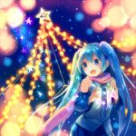  1girl aqua_hair blue_eyes christmas detached_sleeves hamamo hatsune_miku long_hair necktie open_mouth scarf solo star twintails very_long_hair vocaloid 