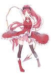  1girl arm_up bare_shoulders black_legwear boots detached_sleeves hair_ribbon long_hair looking_at_viewer mahou_shoujo_madoka_magica moegi0926 open_mouth polearm ponytail red_eyes redhead ribbon sakura_kyouko skirt solo spear thighhighs weapon wink 